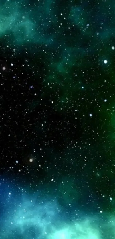 Mystical green galaxy wallpaper with stars.