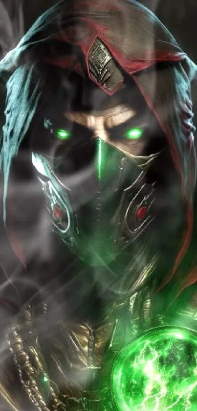 Dark hooded figure with green eyes and glowing orb wallpaper.