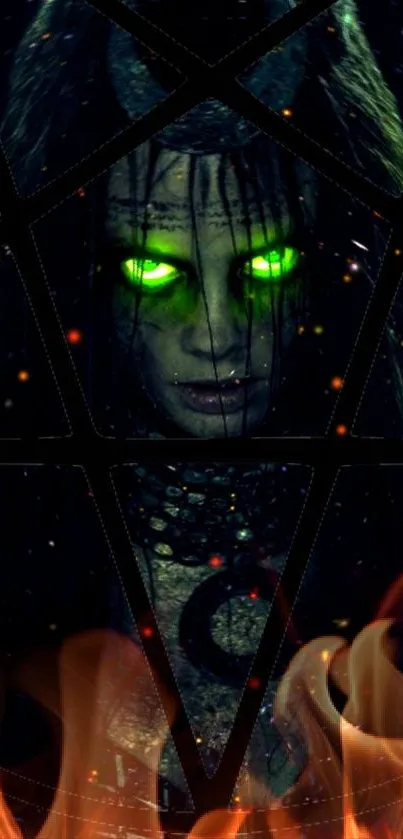 Dark figure with glowing green eyes and flames in background.