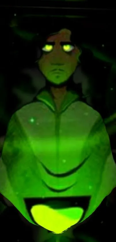 Mysterious figure with glowing green hood.