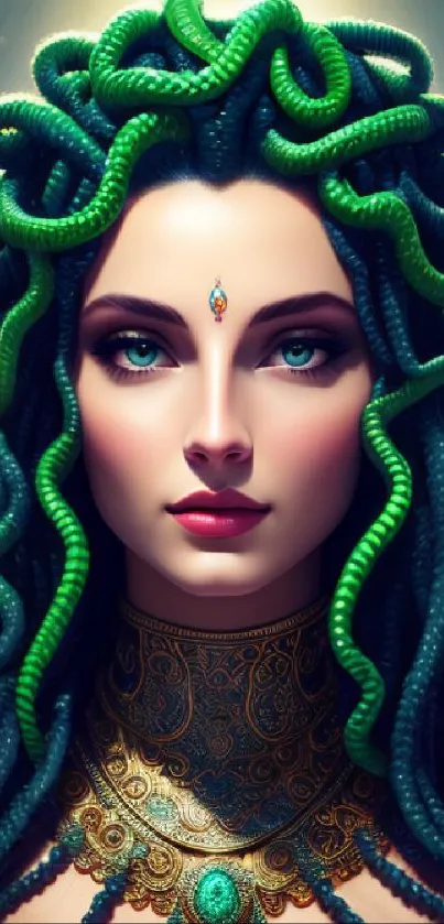 Mystical Gorgon with green snake hair and intricate details.