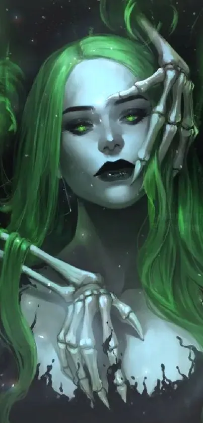 Mystical gothic artwork with green hues in a fantasy theme.