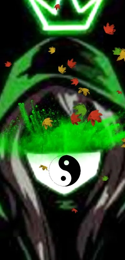 Mystical hooded figure with green aura and yin-yang eyes on dark background.