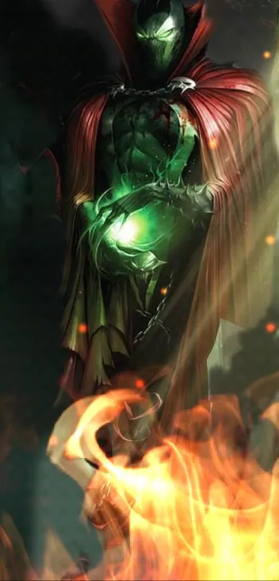 Mystical green knight with fire effects in a dynamic, fantasy-themed wallpaper.