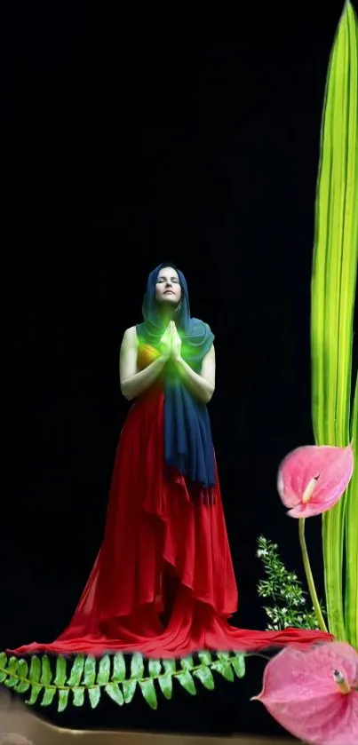 Elegant woman in red dress with green leaves on black background.