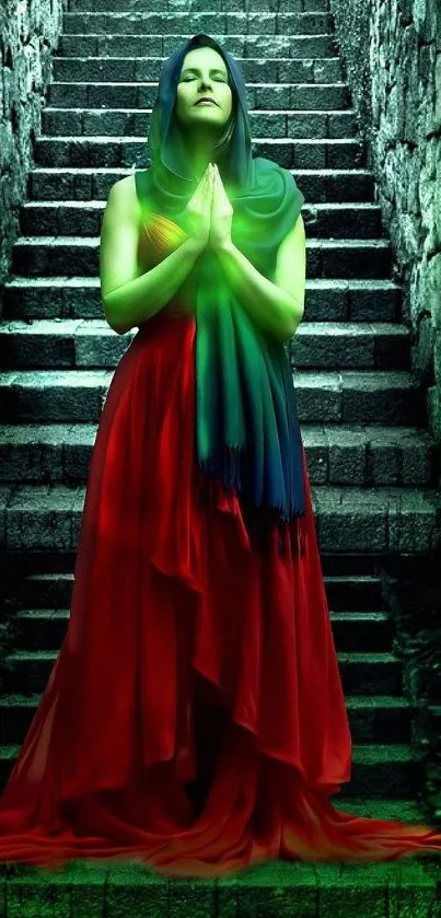 A mystical lady in green on stone steps, vivid and mysterious.