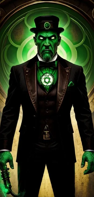 Steampunk character with green glow amidst dark intricate background.