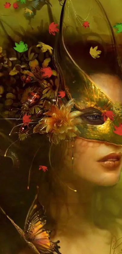 Mystical woman with green mask and floral elements.