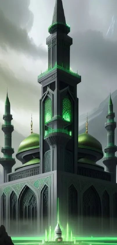 Imposing green-lit mosque amid cliffs and clouds with serene ambiance.