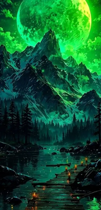 Majestic green mountains under a mystical moonlit sky.