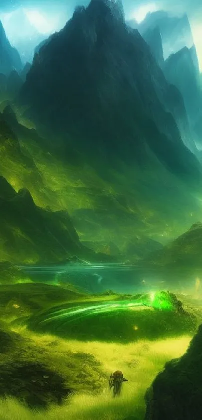 Mystical green mountain landscape with vibrant colors.