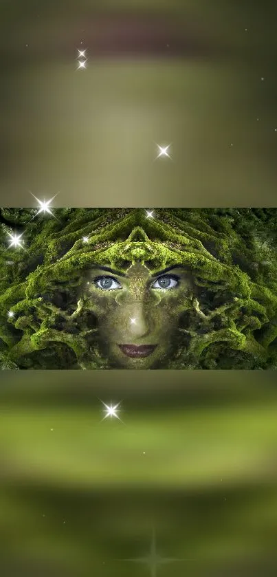 Mystical forest spirit surrounded by green foliage and sparkling stars.