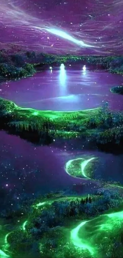 Mystical landscape under purple night sky with green glow.