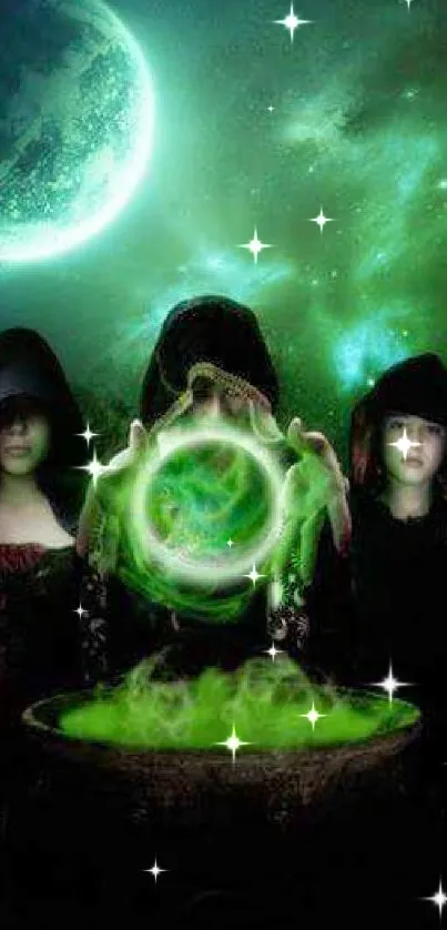 Mystical green night scene with hooded figures and celestial glow.