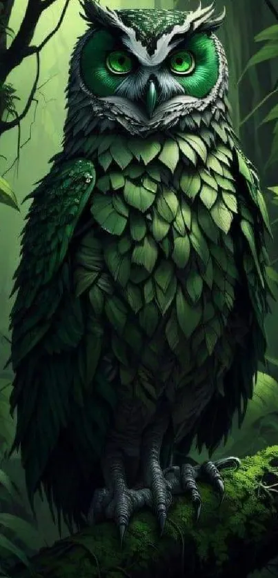 Mystical green owl in a forest setting digital wallpaper.