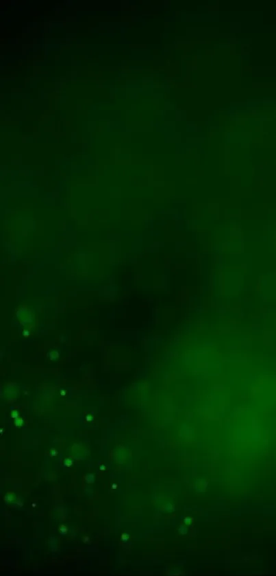 Abstract green particles on a dark background, creating a mystical ambiance.