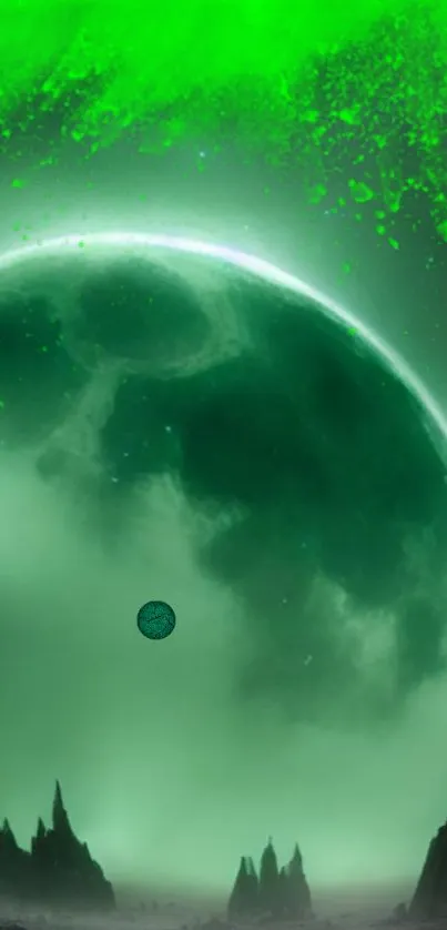 Green alien planet with cosmic fog and vivid scenery.