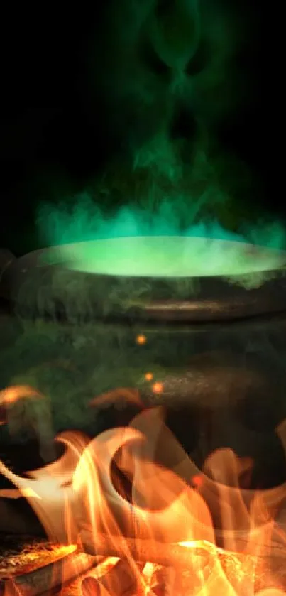 A dark cauldron with green magical smoke swirling upwards.