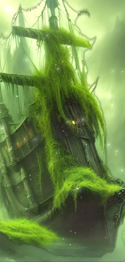 Mystical green ship in a foggy sea scene, covered in vibrant moss.