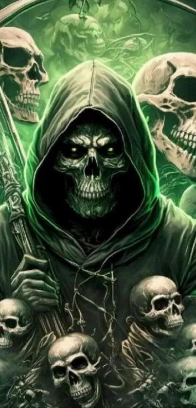 Eerie hooded figure amidst glowing green skulls.