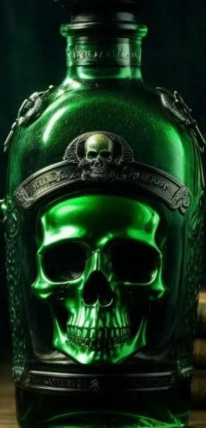 Mystical green bottle with skull design in dark setting.