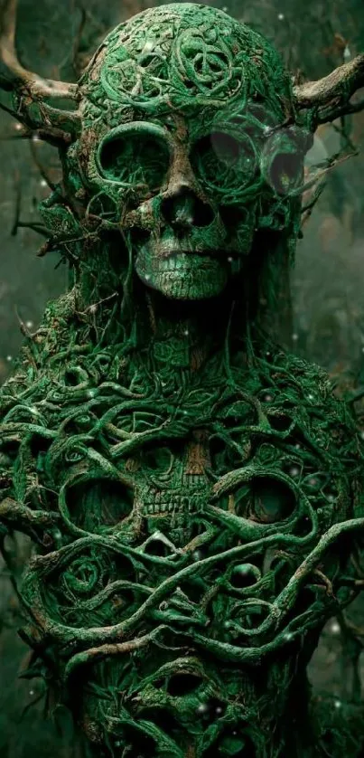 Green skull with vine patterns on mobile wallpaper.