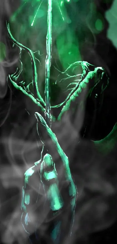 Mystical green hand with smoke effect wallpaper.