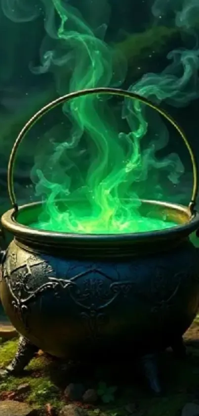 Mystical cauldron with green smoke in a forest setting.