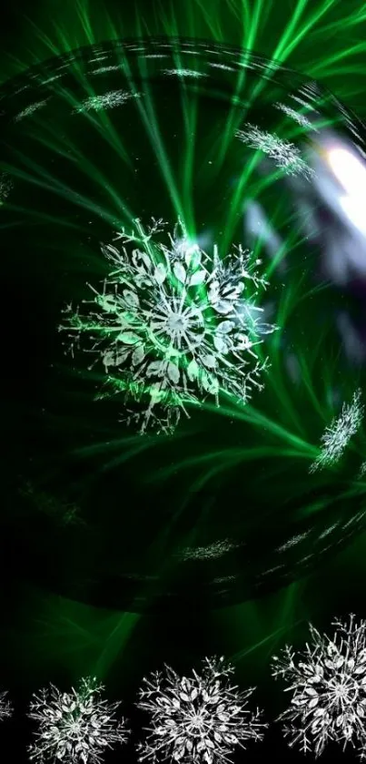 Mystical green snowflake in a glowing orb on a black background.