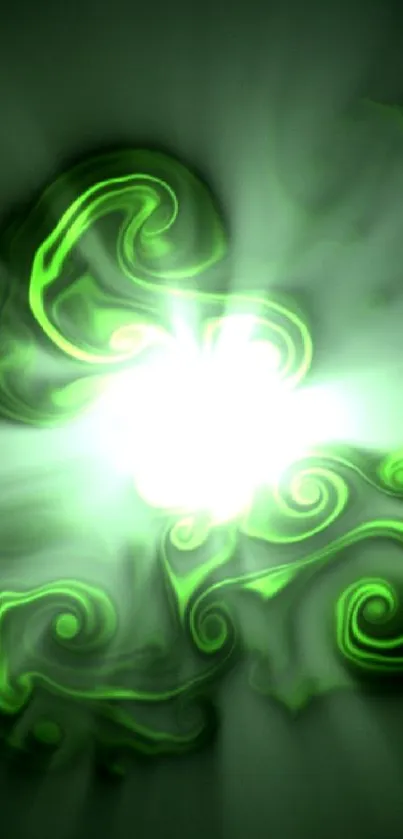 Mystical green swirl wallpaper with luminous abstract patterns.