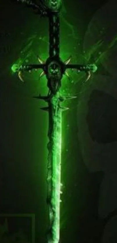 A mystical green sword with a glowing aura on a dark background.