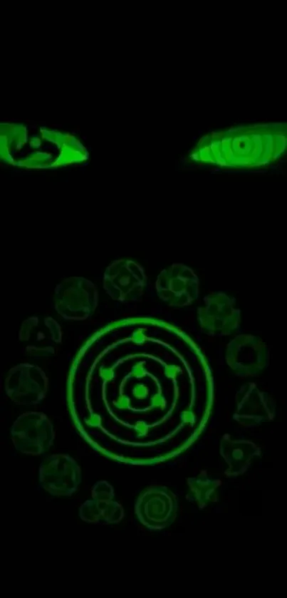 Mystical green symbols and eyes in dark theme wallpaper.