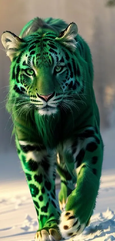 Green tiger walking through snowy landscape.