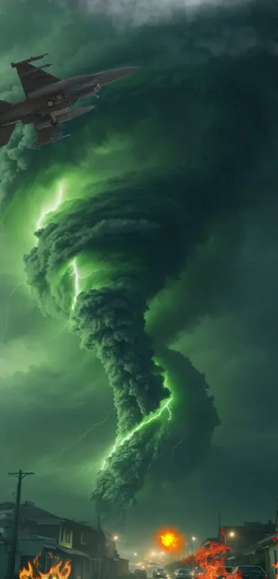 Green tornado spirals in a dark, stormy sky.