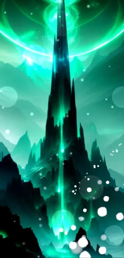 Mystical green tower in a fantasy landscape with glowing effects and mountains.