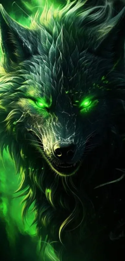 A mystical green-glowing wolf with vibrant fur and piercing eyes in a dark setting.