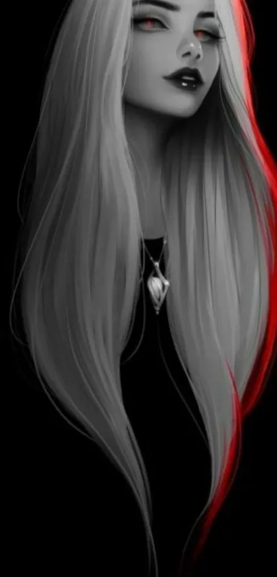 Grayscale art of a woman with long hair against a black background, accented in red.