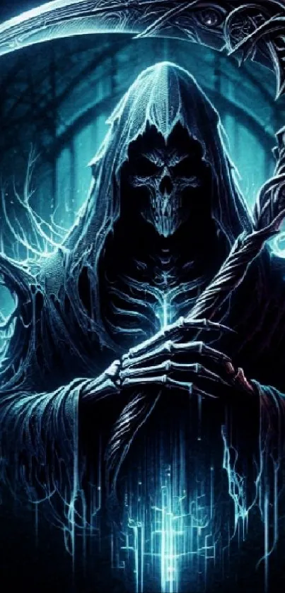 Mystical Grim Reaper with blue glow art wallpaper.