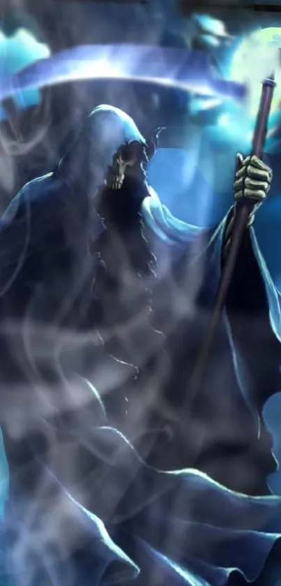 Eerie Grim Reaper with a mystical blue background on mobile wallpaper.