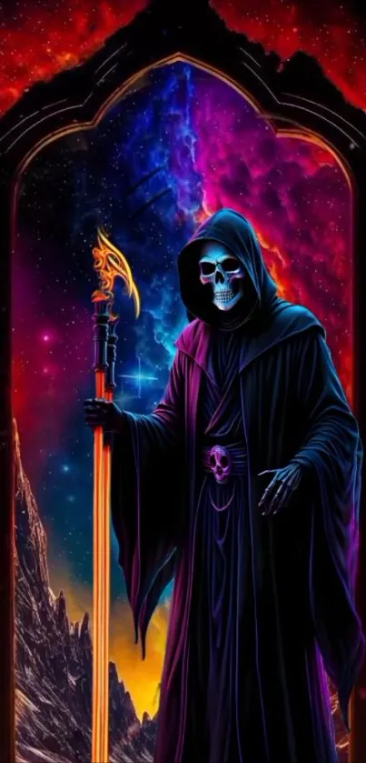 Mystical Grim Reaper art with cosmic backdrop