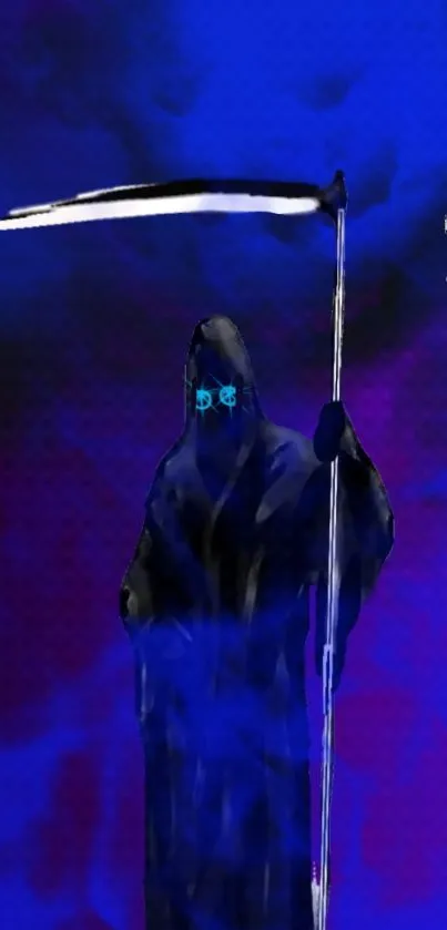 Grim Reaper with a scythe, surrounded by blue and purple ethereal mists.