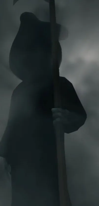 Shadowy Grim Reaper cloaked in mist with mystical atmosphere on a mobile wallpaper.