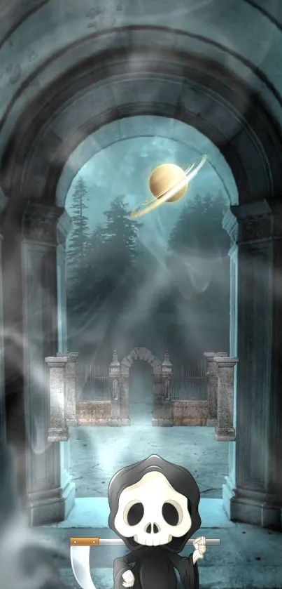 Cute grim reaper with arches and planet in mystical setting.