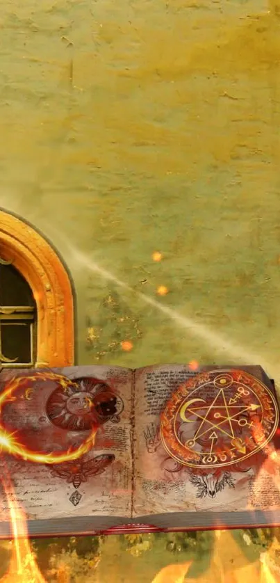 Open mystical grimoire with flames and ancient yellow wall.