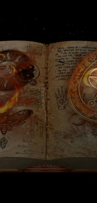 Mystical grimoire with celestial and arcane symbols.