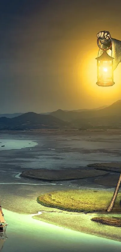 Mystical guardian holding a lantern beside a river with a ship.