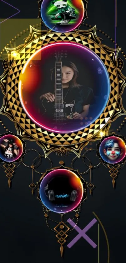 Mystical art wallpaper with guitar theme and vibrant medallion design.