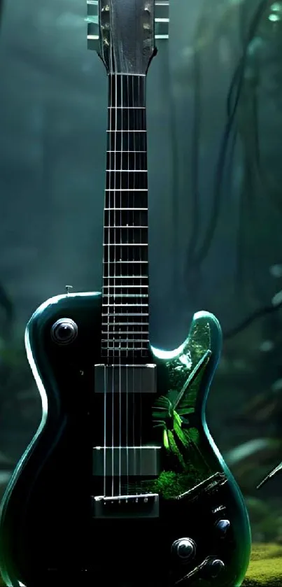 Mystical guitar set against a lush forest background.