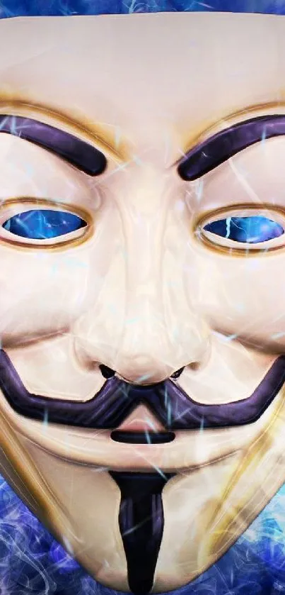 Guy Fawkes mask with colorful blue smoke background.