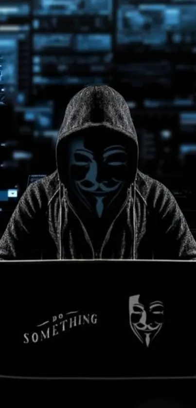 Hacker in mask with laptop in dark blue aesthetic background.